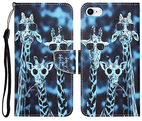 For iPhone SE 2022 & 2020 Case, iPhone 7 / iPhone 8 Case Shockproof Cute Pattern with Credit Card Holder Stand Women Kids Leather Flip Folio Wallet Protective Phone Cover - Giraffe