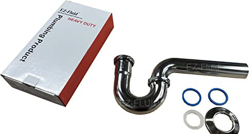 EZ-Fluid 3.8 cm robuste Küchenspüle, verchromt, Messing, P-Falle mit Messingmuttern und 3.8x3.8 cm reduzierenden Unterlegscheibe, für Spüle, Abfluss, Messingrohr-Set, handelsübliches Gewebe rade.(1)