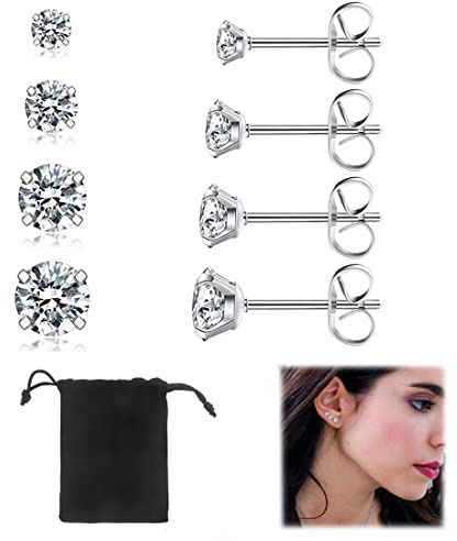 LICHUAN 4 Paare Edelstahl 316L Ohrringe Set Ohrstecker Damen Silber Ohrringe Stecker Diamant Ohrringe Mädchen Ohrringe Damen Silber Ohrstecker Herren in 3, 4, 5, 6mm Ohrringe für Damen Männer Mädchen