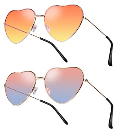 Kiiwah 2 Paia Occhiali a Cuore Occhiali da Sole, Occhiali Hippie Lente Arancione e Sfumatura Rosa Blu Retrò per Hippie Fancy Dress Accessorio Vintage da Donna e Uomo