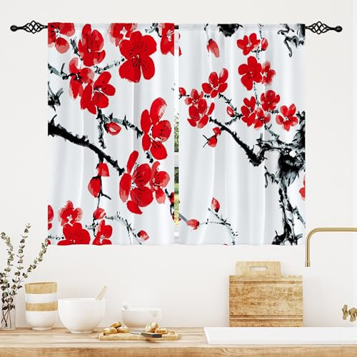 Visioun Rote Blumenblüten, klein, kurz, Kirschvorhänge, asiatische japanische Traublumen, Café-Vorhänge, Stangentasche, Badezimmer-Ebenenfenstervorhänge, Behandlungsstoff, 2 Paneele (70 x 99 cm)