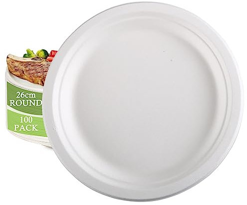 PALUDO Piatti usa e getta, 100 piatti di carta, 26 cm, bianchi, rotondi, monouso (26 cm), senza plastica, biodegradabili, per feste, picnic
