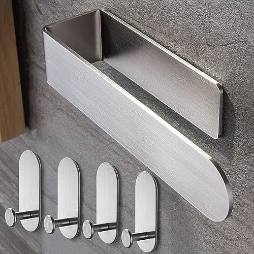 Taozun Towel Rail - Hand Towel Holder with 4 Pack Self Adhesive Hooks, SUS 304 Stainless Steel Bathroom Kitchen Accessory, No Drilling (Silver)