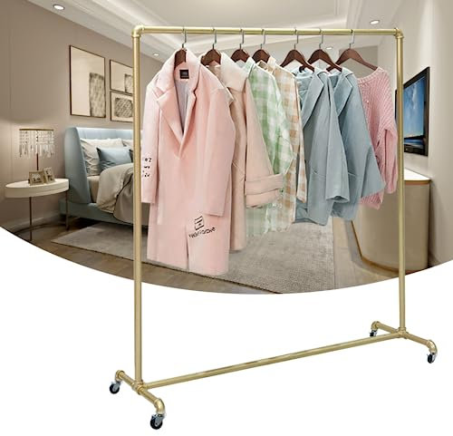 SABUIDDS Gold Kleiderständer, Kleiderstange auf 4 Rollen und Ablage, Industrie-Design, Freistehender Kleiderbügel, Metall Garderobenständer Strapazierfähige für Mäntel, Röcke, Hemden, Pullover