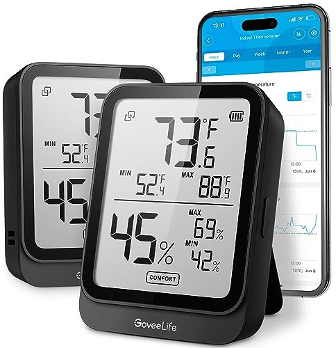 GoveeLife Termómetro higrómetro H5104, 2 unidades, monitor de temperatura ambiente Bluetooth con alerta de aplicación y 2 años de exportación de almacenamiento de fecha, higrómetro digital LCD remoto