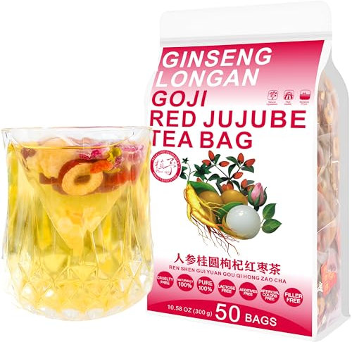 Plant Gift 50 Cups Ginseng Longan Goji Tea Bag (人参桂圆枸杞红枣茶 REN SHEN GUI YUAN GOU QI HONG ZAO CHA) 10.57oz (6g*50bags/300g) Longan, Rose natürliche gemischte Kräuterkombination von Blumen Tee