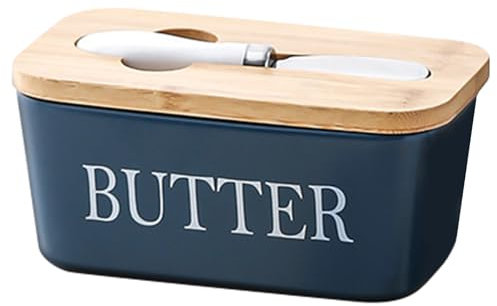 Simcat Butter Dish with Lid and Knife, Ceramic Butter Dish with Double Silicone Seals Butter Box, Butter Container Perfect for East West Coast Butter, Blue