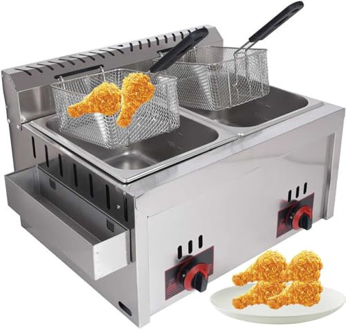 Friggitrice a gas GPL in acciaio inox da 10 l x 2, ideale per uso domestico e commerciale, potenza di fuoco regolabile, completa di cestini e coperchi per patatine, ciambelle, pesce. Pulizia senza