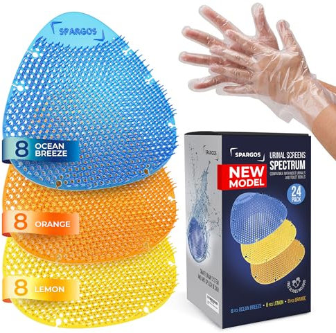 Urinalsieb Lufterfrischer 24er Pack - Spritzschutz & Geruchsschutz für Toiletten in Stadien & Schulen Inkl 8x Blau 8x Gelb 8x Orange Handschuhe Gratis