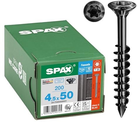 SPAX Fassadenschraube, 4,5 x 50 mm, 200 Stück, Teilgewinde, Linsensenkkopf, T-STAR plus T20, CUT-Spitze, Edelstahl rostfrei A2 BLAX - 25170404505021