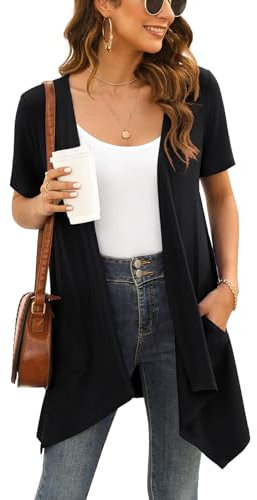 Wiwclo Plus Size Cardigan for Women Casual Soft Short Sleeve Duster Open Front Lightweight Kimono Summer Cardigans with Pockets Draped Hem,Black,XXL