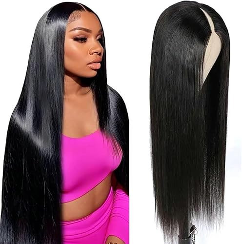V Part Perücke Echthaar 10A Lang Gerade Für Damen Schwarz - 100% Human Hair Wig Glatt 24 Inch