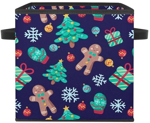 VAPOKF Faltbare Aufbewahrungsbox, Stoff-Aufbewahrungskorb, Würfel, Organizer, Behälter mit Griffen für Spielzeug, Kleidung, Bücher, Schrank, Schlafzimmer, Zuhause - Lila Weihnachtsbaum & Lebkuchen