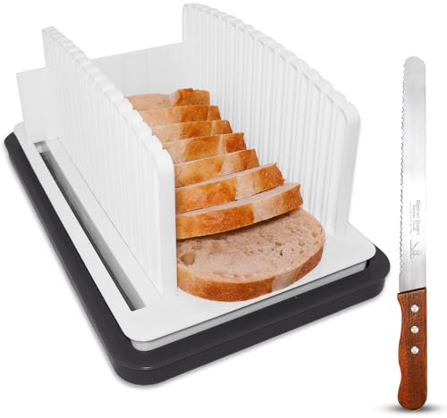SliceElite Affettatrice per pane rotondo con lievito naturale, guida regolabile per affettare il pane con vassoio per briciole e coltello da pane compatto per la cucina, affettatrice manuale per pane
