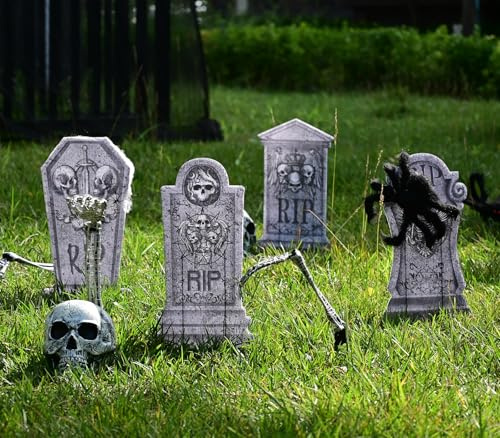 Maxee 4 Stück Halloween Glühendes Grabsteine Deko, Wasserdichtes Grabstein Schilde, Außen Dekoration Set für Rasenhof Hinterhof Haunted Friedhof Zombie Party -
