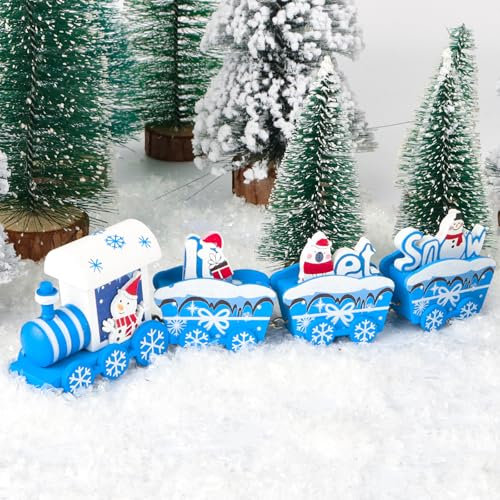GEBETTER Holz Weihnachtszug Deko Mini Weihnachten Zug Eisenbahn Weihnachtsdeko Xmas Party Tischdeko Weihnachtsbaum Rentier Ornament Dekoration Geschenke (Blau)