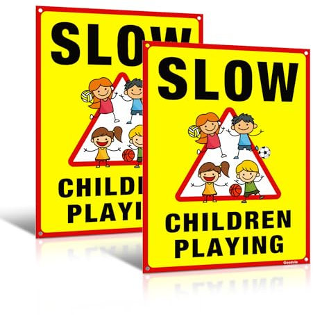 Goodvia Slow Children Playing Safety Sign PVC 30x40cm, Kid-Friendly Warning Sign for Residential Areas & Playgrounds Bright Yellow x2