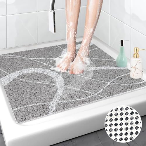 Tapis de douche antidérapant, 80 x 80 cm, confortable, doux, massant, avec drainage, à séchage rapide, lavable en PVC, pour cabine de douche, gris