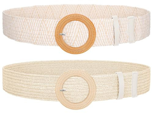 SUOSDEY 2 Stück Stroh gewebter elastischer Stretch-Taillengürtel für Frauen Sommer Boho Wide Waist Dress Band Geflochtene Gürtel, Streifen+Beige