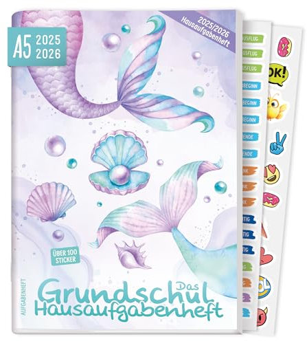 Häfft® Lernfreunde Hausaufgabenheft Grundschule 2025/2026 A5 Meerjungfrau Das Grundschul-Hausaufgabenheft inkl. Lerntipps, Sticker, Denkspiele - nachhaltig & klimafreundlich