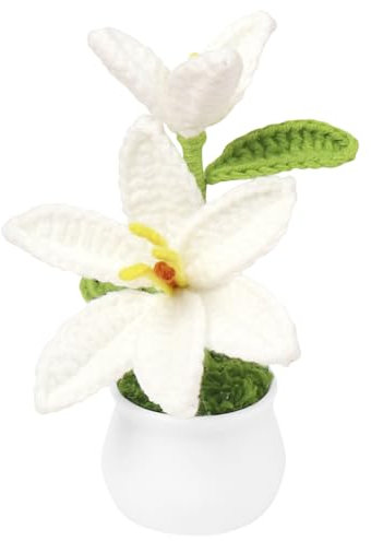 Magicherry Fleurs de lys au crochet faites à la main - Plantes artificielles tricotées pour éternelles avec pot exquis pour tableau de bord de voiture, maison, bureau, décoration cadeaux, blanc