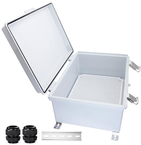 Waterproof Outdoor Electrical Box Junction Box Weatherproof IP67 ABS Plastic Enclosure Switch Router Project Box with Mounting Plate with Wall Bracket 2 Cable Glands Grey 13.78 x 9.85 x 5.92