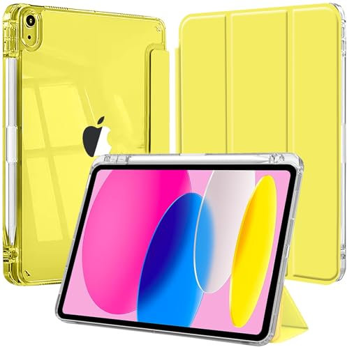 EspZanthic Custodia per iPad (A16) 11a/10a Generazione (2025/2022) con Portapenne e Morbido TPU Bumper, Posteriore Chiaro Trasparente Supporto Sottile per Tablet Cover Antiurto, Giallo