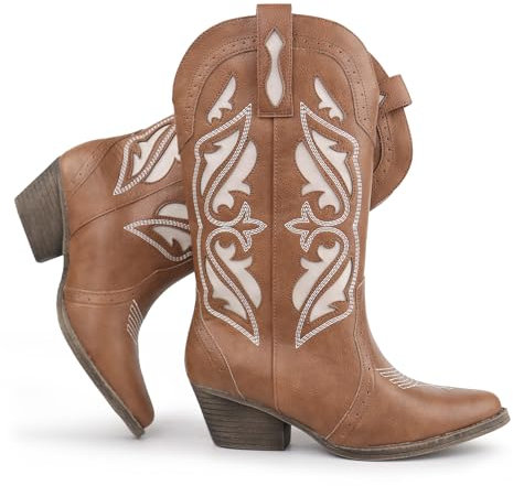 Hawkwell Stivali da cowboy da donna con ricami e cuciture, lunghezza al polpaccio, punta in pizzo, tacco a blocco (taglia 36-42), marrone, 38 EU