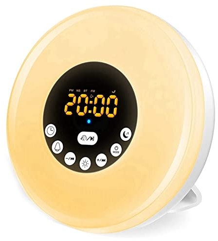 Reloj despertador con luz de despertador, simulación de amanecer, regulable, sonidos naturales, radio FM, luz nocturna para mañanas relajantes, ideal para uso doméstico u oficina