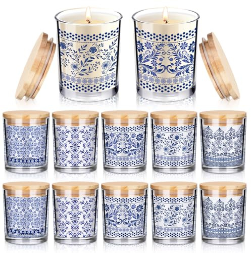 Ziliny 10 tarros de cristal de porcelana azul y blanco de Navidad, recipientes vacíos a granel, tarros de vidrio de cerámica de 7 onzas con tapas de corcho, latas para hacer velas, almacenar galletas