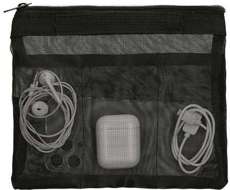 kwmobile Cable Organiser Tech Pouch - Universal Travel Cable Organiser Bag - Transparent Mesh Material with 2 Inner Zip Pockets - Secure Zipper Closure - Black