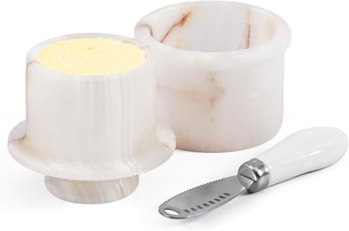 EarthenTones Beurrier en marbre avec couvercle et couteau, beurrier français et petit plat pour beurre à tartiner, décoration de cuisine élégante et accessoire de table fait main (onyx blanc, 8,1 cm)