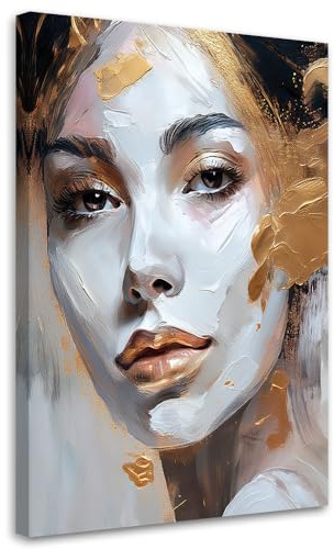 Feeby Wandbilder - Bilder Schlafzimmer - Porträt Frau Gemalt Gold Breezy - 30x45 1tlg - Wohnzimmer Bild Groß - Wohnungs - Foto Geschenk - Leinwand Wall Art - Wand Deko