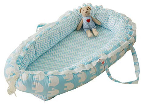 DorkasDE Babynest Kuschelnest Faltbett tragbar Babybett Reisebett (Blau Elefant, one Size)