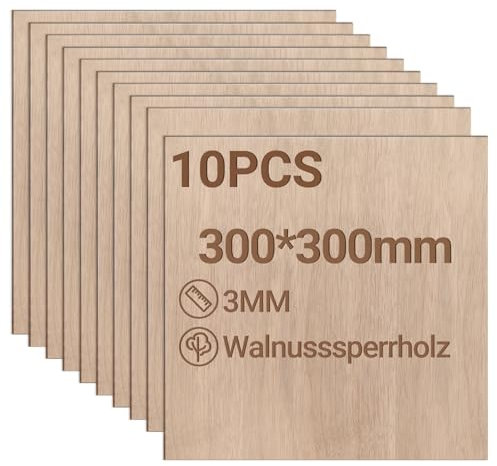 Jiubiaz Plywood Sheet 3 mm 300 x 300 mm Pack of 10 Walnut Wood Panel Cut to Craft Wood for Model Making Laser Cutting Laser Engraving Wood Burning Painting DIY Oil Painting