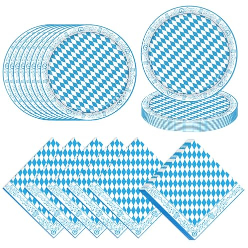 80 Stück Oktoberfest Tischdeko Set, Oktoberfest Geschirr Set und Bayern Servietten, Bayerische Papierteller Blau Weiß, Bayerische Partygeschirr für Oktoberfest Grillparty Bierfest Outdoor