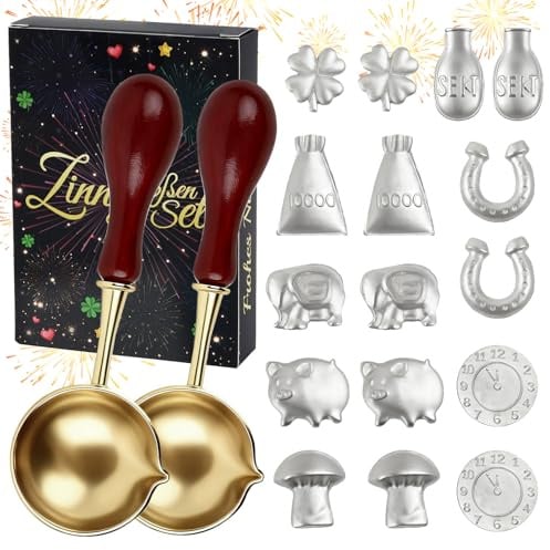 Wukong Zinngießen Set mit 16 Zinnfiguren & 2 Rundlöffeln – Gesunde Alternative zum Bleigießen, Silvester Orakelspiel mit Anleitung & Deutungsheft für Neujahr 2026