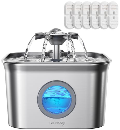 2.8L Cat Water Fountain for Drinking Stainless Steel | FEELNEEDY Pet Water Fountain Cat Bowl with 6 Pack Filters, Visible Water Level, Quite Pump, 4 Stage Filtration