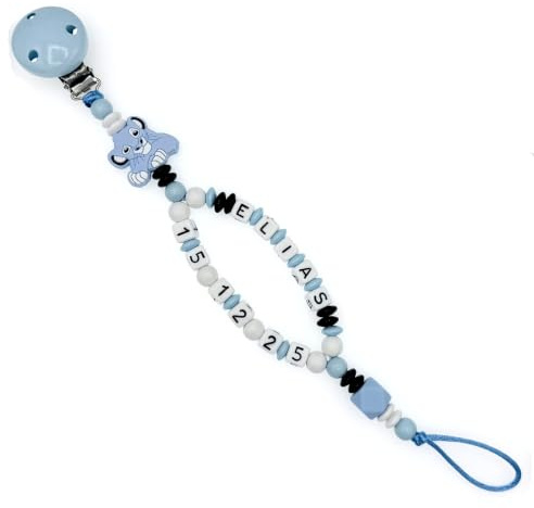 Nuckelkette mit Doppelnamen Geburtsdatum  LÖWE  Babyblau Schwarz Weiß/Baby/Unisex/Personalisiert/HANDMADE