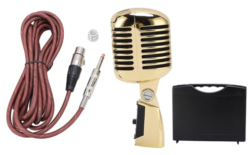 Spryflower Dynamic Microphone Retro Cardioid Pickup, Stage Microphone with Adjustable Swing Mount, Zinc Alloy Built Mic for KTV Live Performance, Includes XLR to 6.35mm Cable and Storage Box (Gold)