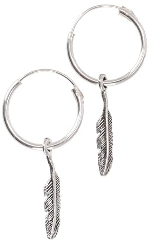Silbercreolen mit kleinen Federn, handgefertigt, Unisex, 1,2 mm, Schmuck