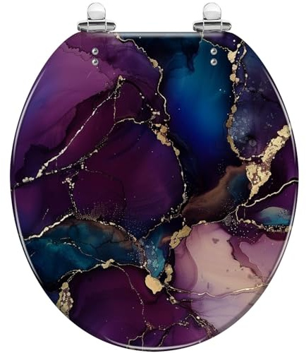 Luxury Decorative Toilet Seat, Oval & Round, Royal Purple Gold Veins Blue Highlights Marble Art, with Cover for Bathroom
