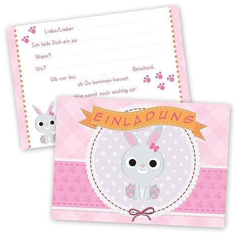 #detailverliebt 15 rosa Einladungskarten Häschen I dv177 I DIN A6 I Hase Einladung für Mädchen I zum Ausfüllen I Kinder-Geburtstag Baby-Party
