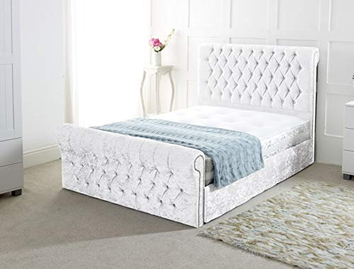 Chesterfield Sleigh Bed In Crushed Velvet |Bed Frame Only (4FT6 Double, White)