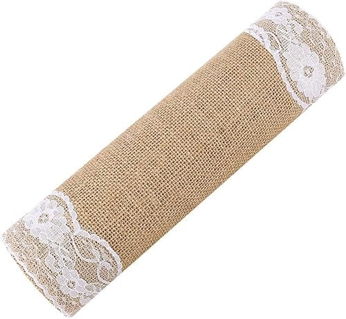 5 Stücke Tischläufer Jute mit Spitze, Juteband Tischband Natur Hochzeit Deko Vintage Tischdeko Hochzeitsdeko Rustikal 30 cm breit 275cm Rolle
