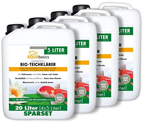 AQUAbasics Gartenteich Bio-Teichklärer für kristallklares Wasser ohne Chemie - Befreit den Teich von grünem und trüben Teichwasser - Natürlicher Teich-Klärer, Größe:20 Liter