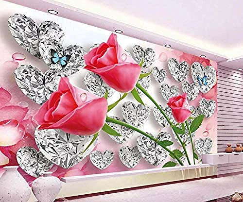 ZZXIAO Diamond Rose Red Love Modern Murals Wall Painting Wallpaper Decoration Poster Picture Design Art Non-Woven Silk 3D Wallpaper Paste Living Room The Wall for Bedroom Mural border-300cm×210cm