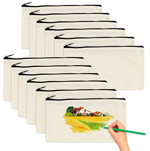 EKKONG 12 Stück Blanko Stoffbeutel, Blanko Stoff Federmäppchen, Kosmetiktasche für Leinwandreisen, Schulstiftetui, Federmäppchen mit Großer Kapazität, Dokumententasche, DIY-Geschenk, 21x12cm (B)