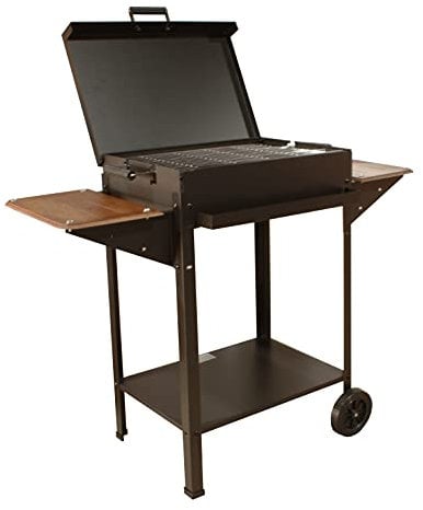 Barbacoa grande carbón rectangular 60x40 cm Chapa, barbacoa con tapa, laterales de madera, ruedas y parilla 2 alturas