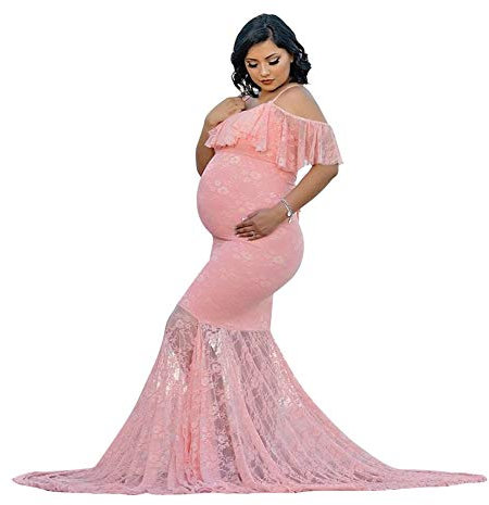 Robe Shooting Grossesse Sexy Elégante Vetements Maternité Robe Longue en Épaule Dénudée Dentelle à Sirène Femme Enceinte Costume Habillée de Photographie Plage Mariage Soireé Cérémonie Rose XL